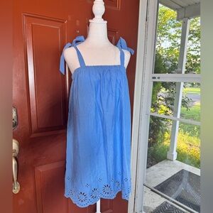 Women’s small J.Crew linen cotton blend blue baby doll dress tie sleeves